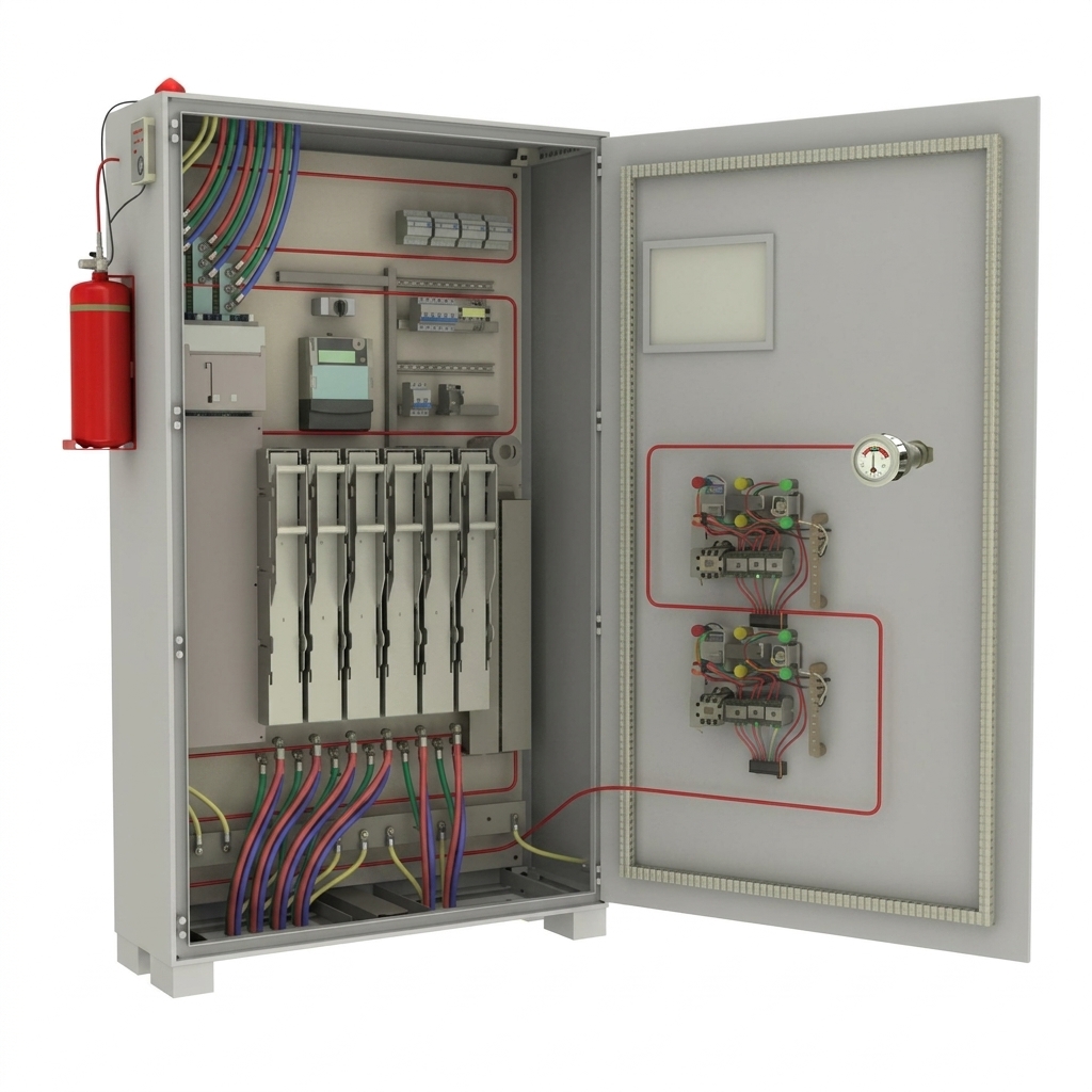 Layout diagram of clean agent tubing components: cylinder, heat sensor tube, alarm, manual trigger